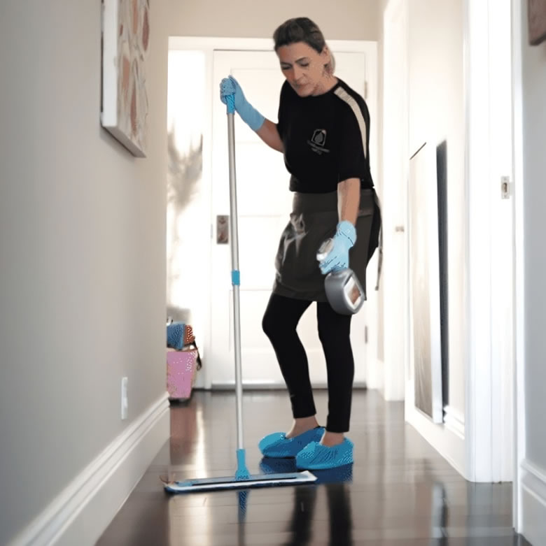 A professional cleaner wearing blue gloves and a black uniform is deep cleaning a hallway with a mop. 